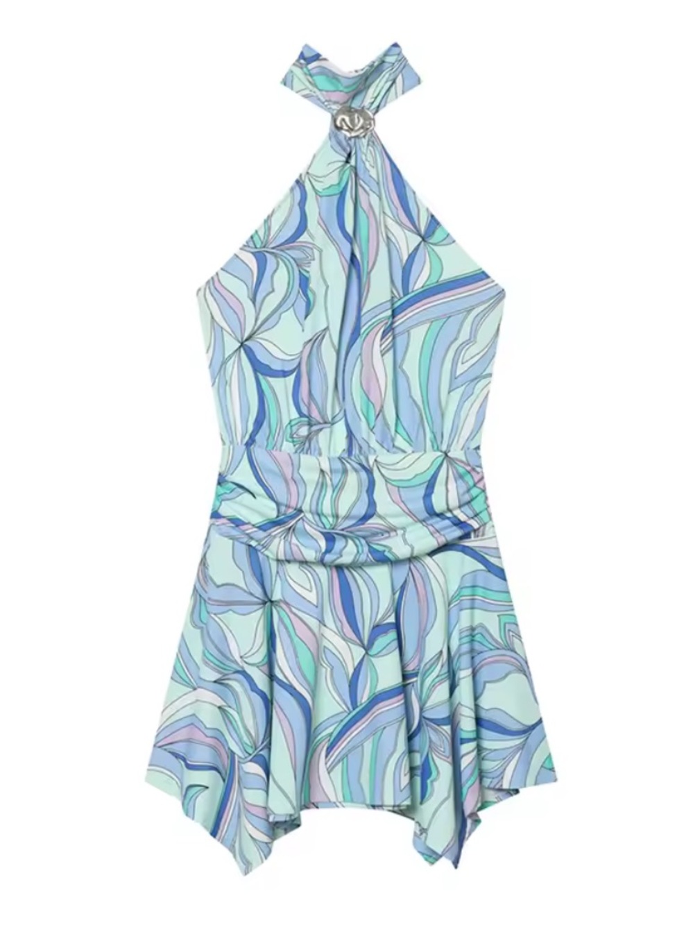 Halter Neck Mini Dress in Aqua Swirl Print